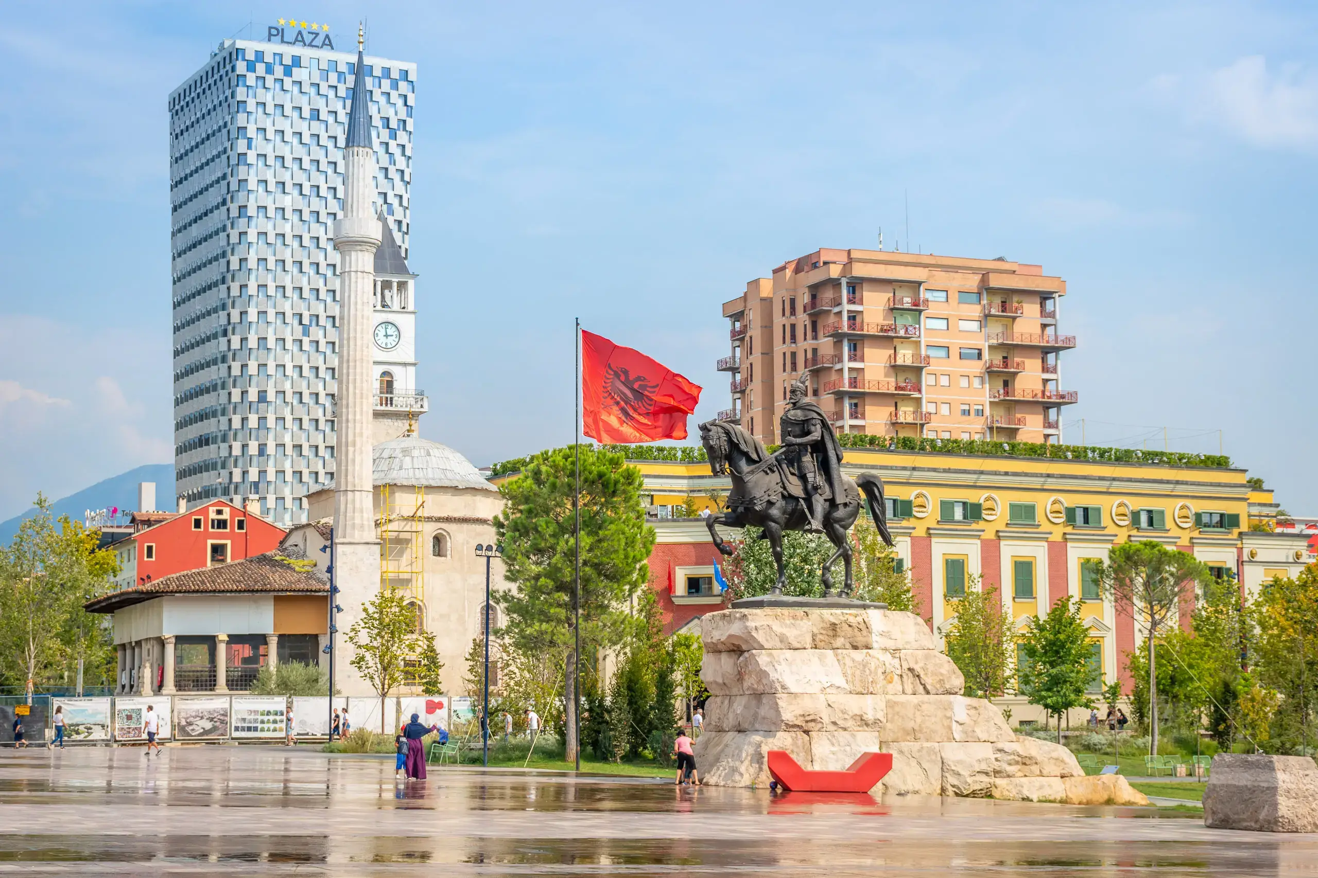Tirana skyline with Skanderbeg Square and the renovated Pyramid in the foreground