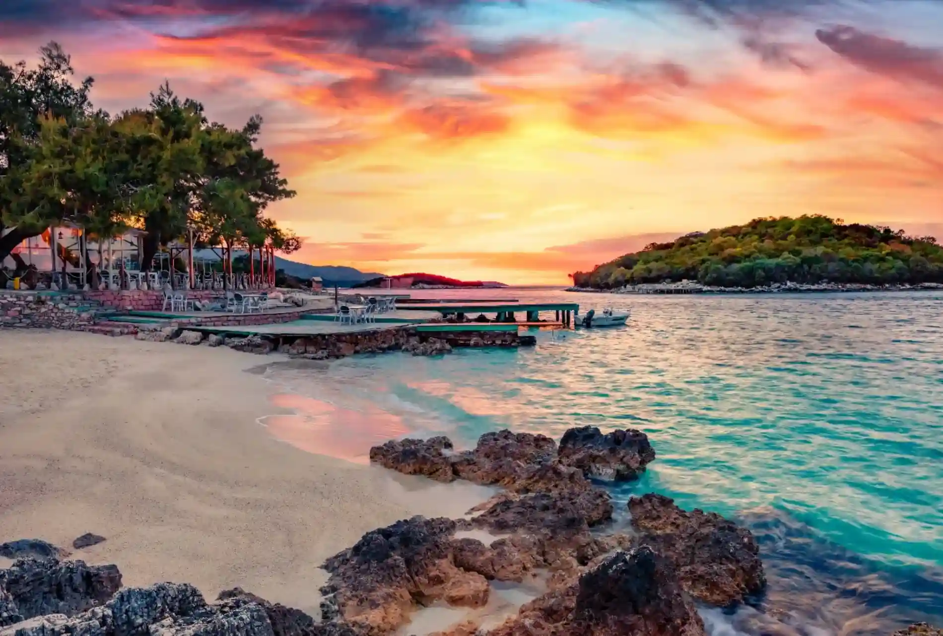Ksamil's white-sand beaches and turquoise water, with the small Ksamil Islands offshore